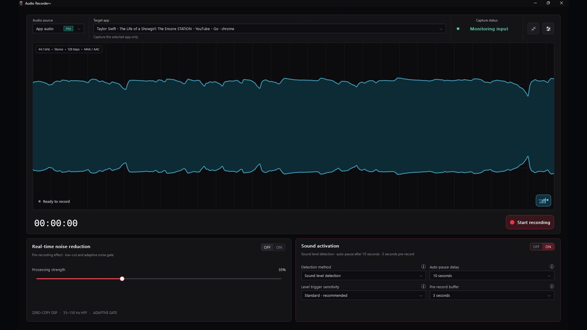 Audio Recorder+ showing App audio selected, a target browser app, a live waveform, and the Start recording button