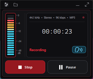 Audio Recorder+ compact mode with VU meter, timer, state, and recording controls